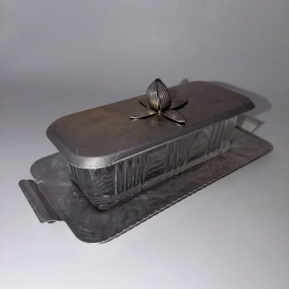 VTG Mid-Century Classic Hammered Metal Butter Dish w/ Glass Insert & Floral Lid